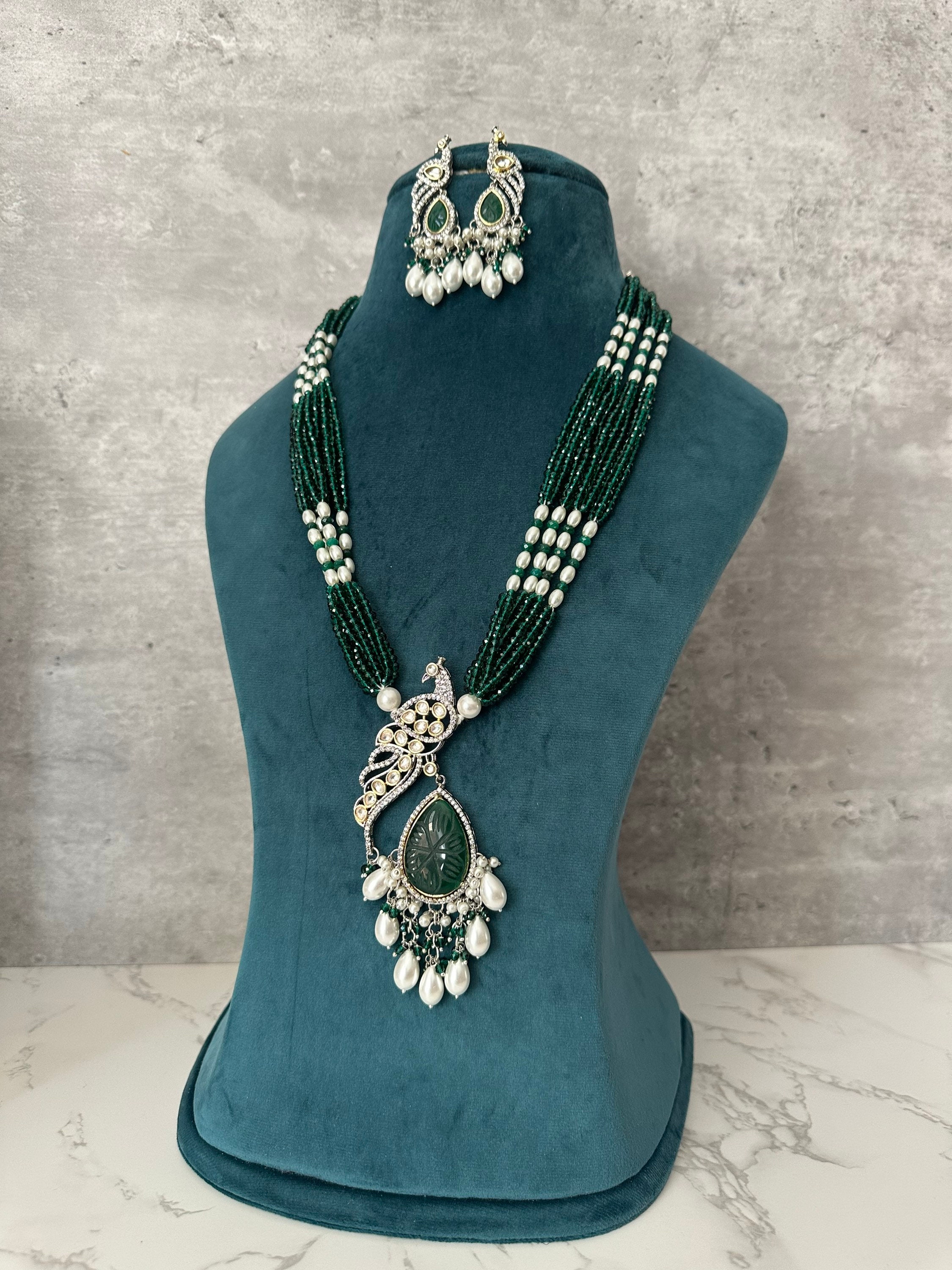 Green kundan long necklace clearance