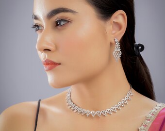 Delicado collar de diamantes CZ de plata joyería de declaración floral joyería de boda collar de cristal joyería india conjunto de diamantes americanos