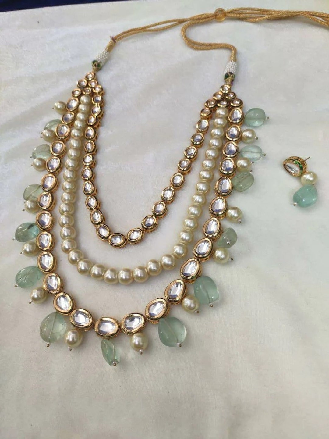 3 Layered Kundan Set Mint Pearls/long Kundan Set/kundan Necklace Set