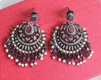 Ruby Chandelier Earrings/ Indian Earrings/ Indian Jewelry/ Pakistani Jewelry/ Cubic Zirconia earrings/ Victorian Earrings/ American Diamond