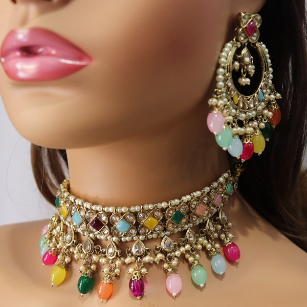 Ziva Multicolored Polki Choker Set Indian Jewelry Punjabi Jewelry Pakistani jewelry Indian necklace Pakistani Choker Indian Choker Kundan