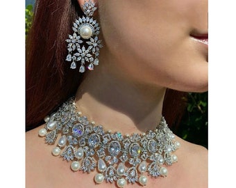 Erika Diamond Pearl Choker Earrings / Indian jewelry/ Indian Choker/ Pakistani jewelry/ Bollywood jewelry/ Pakistani Necklace