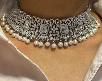 Pari Pearl Diamond Choker CZ Choker American Diamond Necklace Set Choker Necklace Indian Cubic Zirconia Necklace Pakistani Jewelry