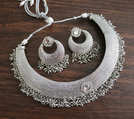 Silver Necklace Set Pakistani jewelry Pakistani Necklace Indian Gold Necklace Indian Necklace Ethnic Gold Necklace