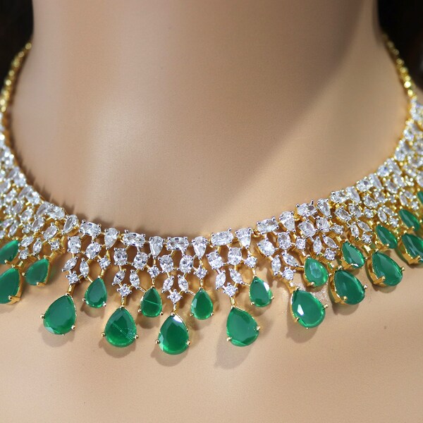 June Gold Emerald Green CZ Diamond Necklace Statement Jewelry Statement Necklace Pakistani Jewelry Indian Necklace CZ choker AmericanDiamond