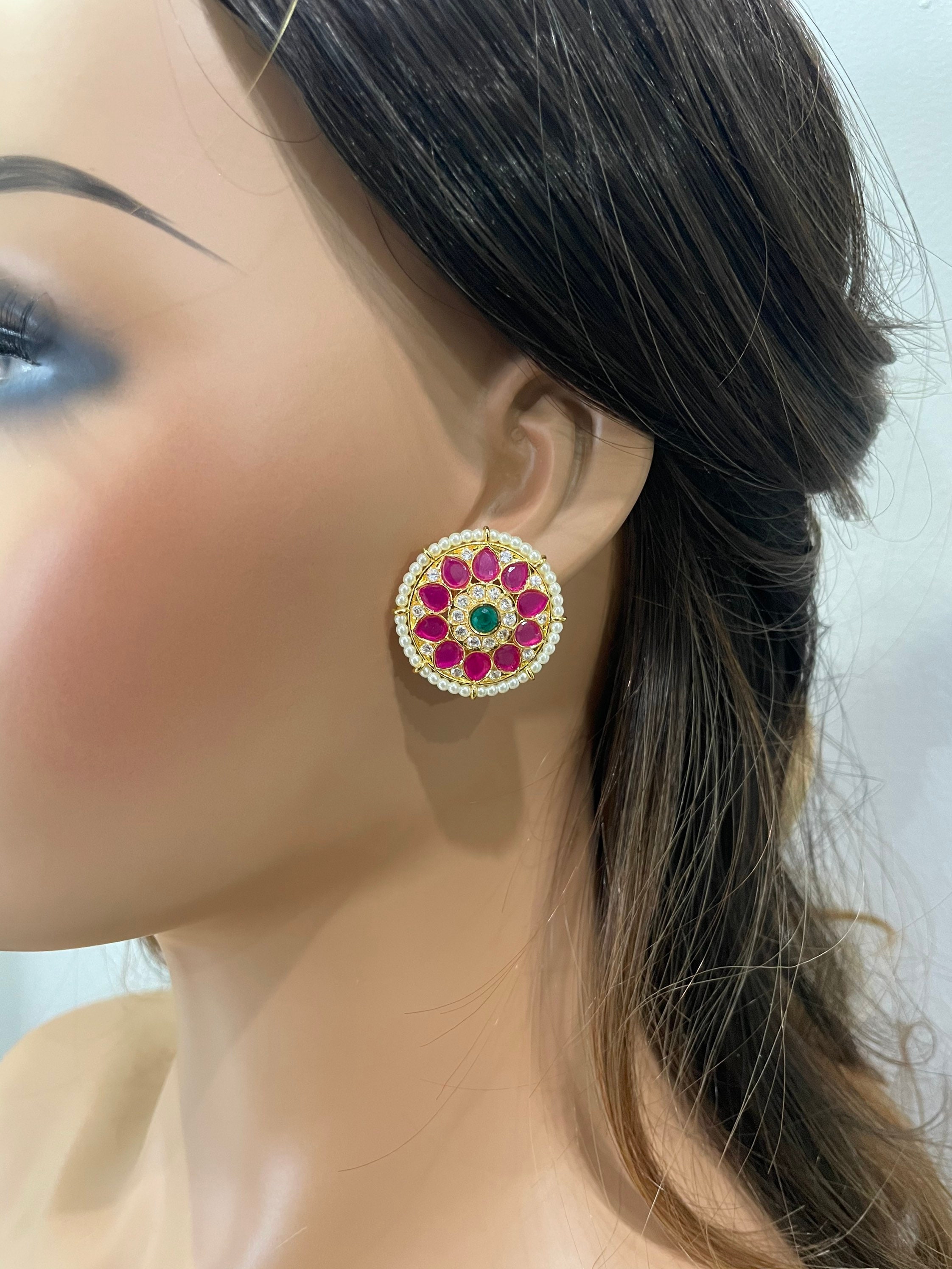 Fine Kundan Stud Earrings/ Ruby Green Kundan Studs/ Kundan Etsy
