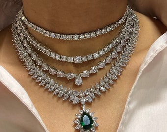 Emerald Multilayer Diamond CZ Necklace Statement Jewelry Statement Necklace American Diamond Necklace Indian Jewelry Necklace Set