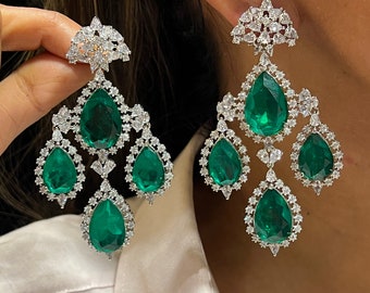 Nova Emerald Diamond Chandelier Earrings  Indian Earring Indian Jewelry Pakistani Jewelry American Diamond  Earrings CZ Earrings