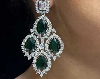 Cia Emerald CZ Diamond Chandelier Earrings/ Indian Earring / Indian Jewelry/  Pakistani Jewelry / American Diamond Earrings/  CZ Earrings/