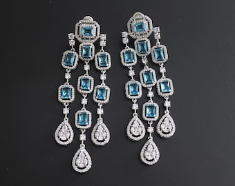 Aqua Long CZ Pendientes Pendientes de diamantes americanos Pendientes de cristal Joyería de declaración Pendientes de Bollywood Joyería india Circón cúbico