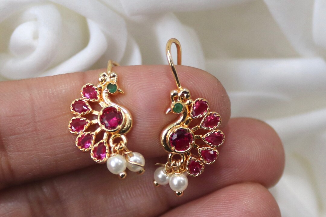 Dainty Gold Ruby Pearl Peacock Earrings Indian Jewelry Marathi Earrings