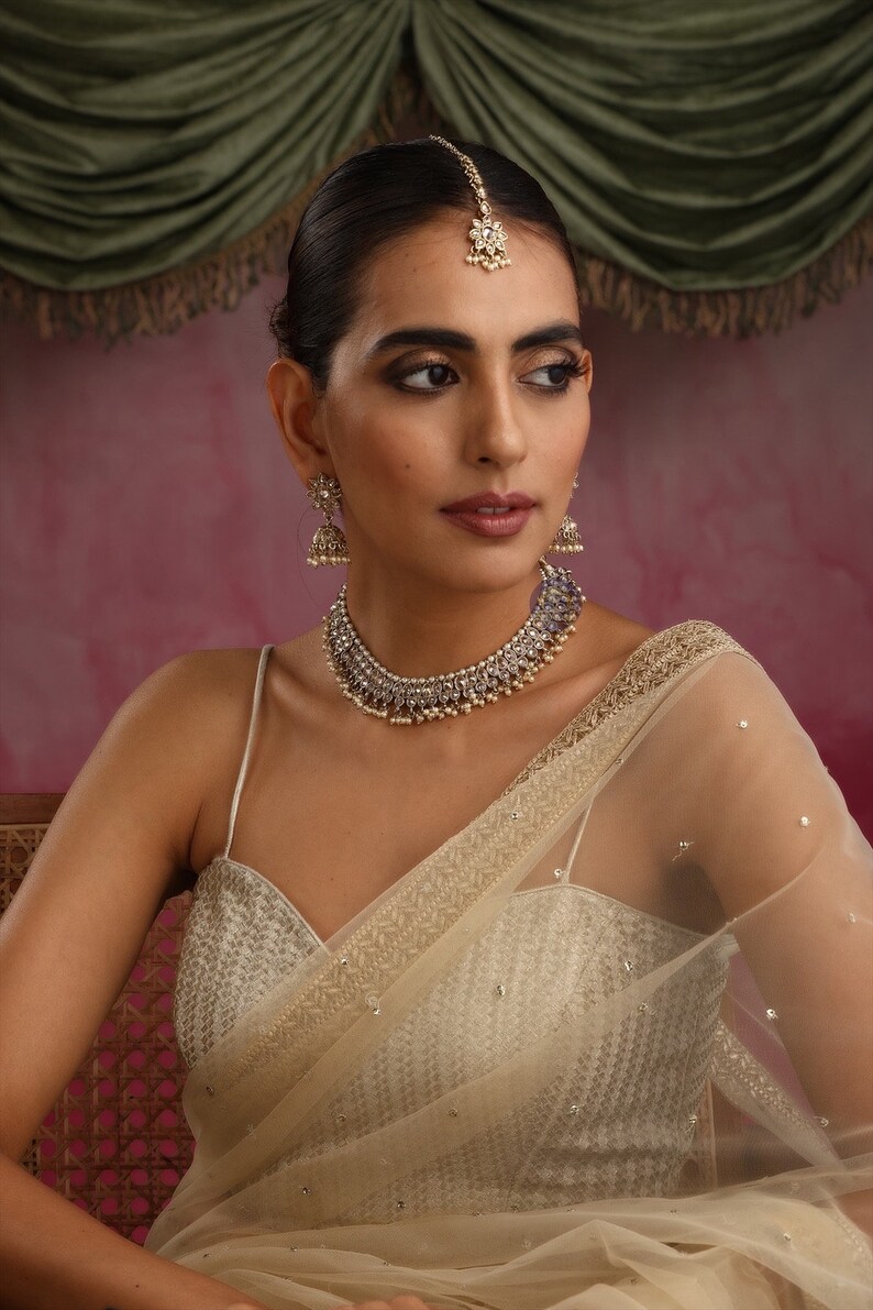 Zoe Gold Polki Necklace with Jhumkey and tikka / Antique Gold Necklace with Tikka/ Indian Jewelry/ Bollywood Jewelry/ Pakistani Jewelry image 4