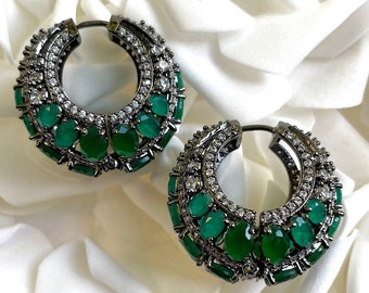 Emerald Diamond hoops / Indian Earring / Indian Jewelry/ Pakistani Jewelry/ Hazoorilal/ American Diamond/ Cubic Zirconia