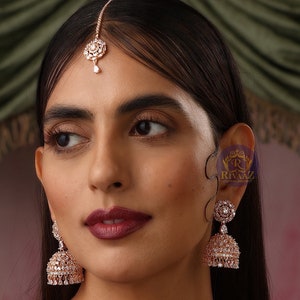 April Rose Gold Diamond Earring Tikka Set • Rose Gold Maangtikka Set • CZ Jhumka Tikka Set •Indian Jewelry • Pakistani Jewelry • Punjabi