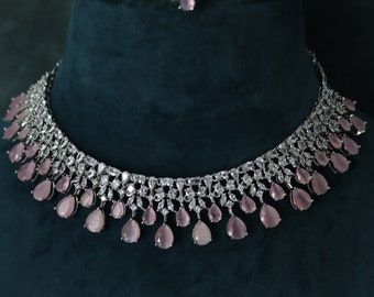 Pink Silver Diamond Necklace / Indian Jewelry/ Indian Choker/ Pakistani Jewelry/ Pakistani Necklace/ Crystal Choker