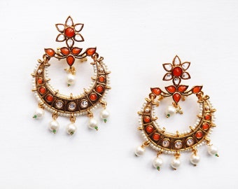 Orange Chaandbali, Indian Jewelry, Indian Earrings, Pakistani Jewelry, Polki Earrings, Punjabi Jewelry