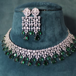 Pre Order June Silver Emerald Diamond Necklace CZ Necklace Statement Jewelry Diamond Necklace  Emerald Necklace Indian Jewelry CZ choker