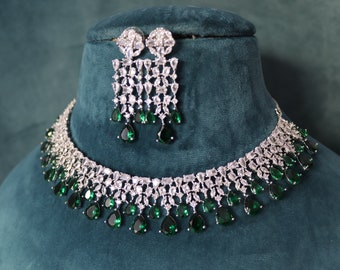 Pre Order June Silver Emerald Diamond Necklace CZ Necklace Statement Jewelry Diamond Necklace  Emerald Necklace Indian Jewelry CZ choker