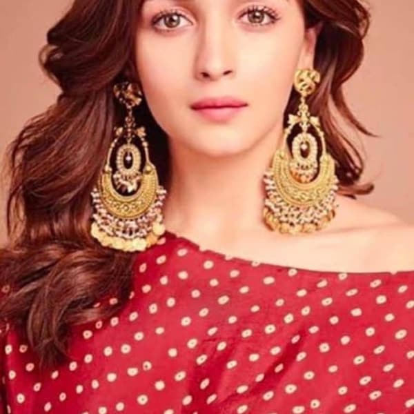 Alia Bhatt Gold Statement Earrings/ Gold Dangle Earrings/ Indian Jewelry / Indian Earrings/ Desi Jewelry/ Unique Jewelry