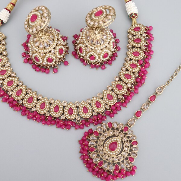 Simi Hot Pink Polki Necklace Kundan  Rani Gold Necklace by Rivaaz Jewelry Kundan Necklace Set