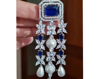 Vanya Sapphire CZ Pearl Dangle Earrings / Indian Jewelry / Pakistani Jewelry / Punjabi Jewelry/ Bollywood Jewelry/ Sabyasachi
