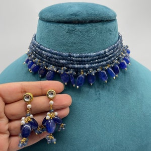 Blue Beads Choker Indian Jewelry | Pakistani Jewelry  Kundan Choker Bollywood Jewelry Punjabi Jewelry Indian Choker Necklace Set