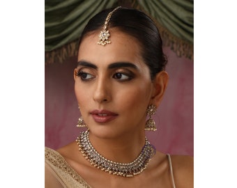 Collar Zoe Gold Polki con Jhumkey y tikka / Collar de oro antiguo con Tikka / Joyería india / Joyería de Bollywood / Joyería paquistaní