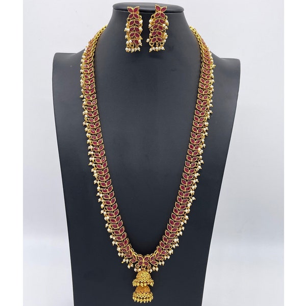 24Inch Long Ruby Necklace / Emerald Mala/ Haram Necklace/ Long gold necklace/ Beaded chain/ Indian Jewelry/ Indian Necklace/ South Jewelry