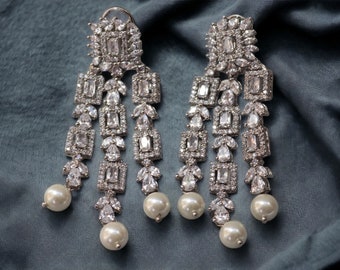 Boucles d'oreilles longues en argent et diamants, perle, boucles d'oreilles indiennes, boucle d'oreille en diamant américain, bijoux pendjabi, bijoux pakistanais, bijoux indiens