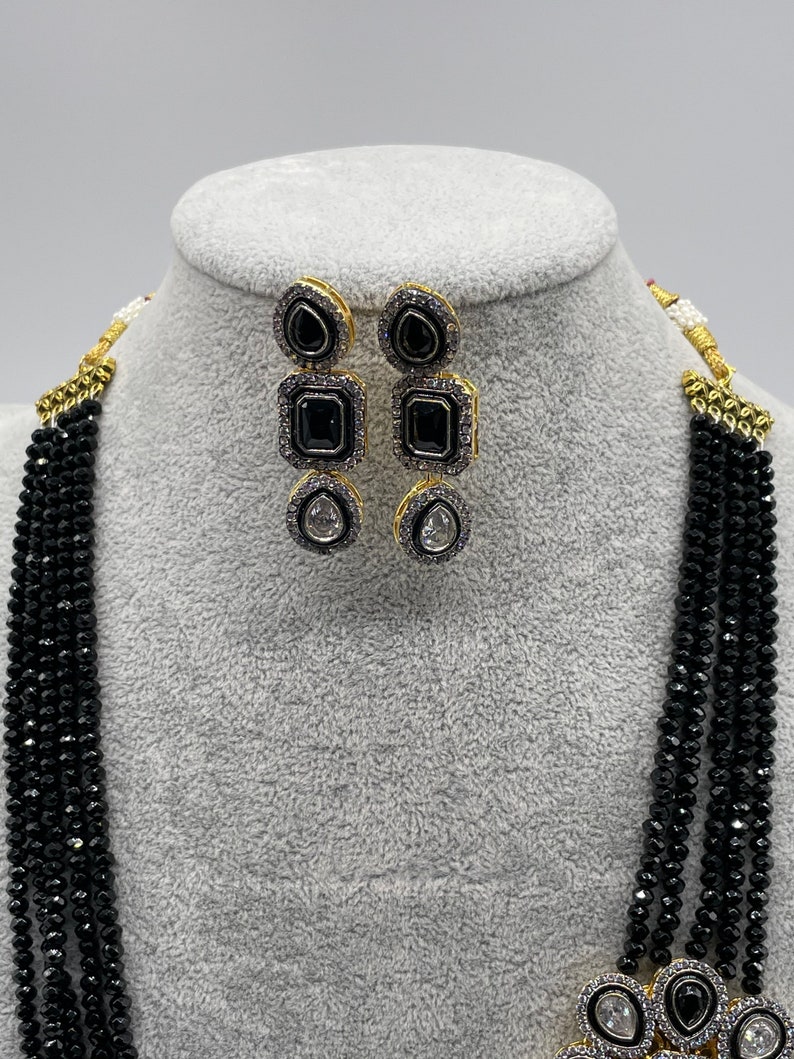 Black Victorian Long Necklace| Indian Long Necklace Indian Jewelry Kundan Long Necklace Pakistani Jewelry