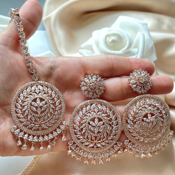 Rose Gold Maangtikka Set Tikka Set Indian Earrings with Tikka CZ tikka Set Diamond Chaandbali Indian Earrings Bollywood Jewelry Pakistani