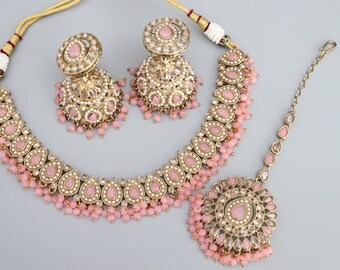 Simi Baby Pink Polki Necklace Kundan Gold Necklace by Rivaaz Jewelry Kundan Necklace Set