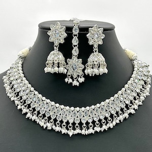 Pre OrderZoe Silver Polki Necklace with Jhumkey and tikka / Silver Necklace with Tikka/ Indian Jewelry/ Bollywood Jewelry/ Pakistani Jewelry