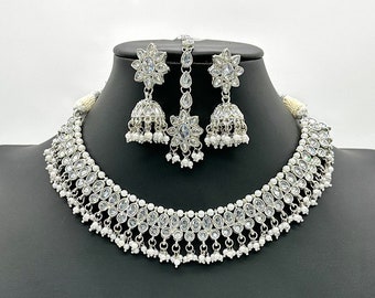 Pré commande Collier Zoe polki en argent avec Jhumkey et tikka / Collier en argent avec tikka / Bijoux indiens / Bijoux Bollywood / Bijoux pakistanais