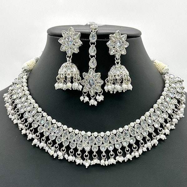 Pré commande Collier Zoe polki en argent avec Jhumkey et tikka / Collier en argent avec tikka / Bijoux indiens / Bijoux Bollywood / Bijoux pakistanais