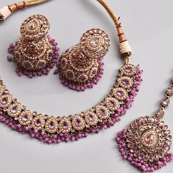 Simi Purple Polki Necklace/ Kundan Necklace/ Antique Gold Necklace / Indian Jewelry/ Indian Necklace/ Indian Choker Set/ Pakistani Jewelry