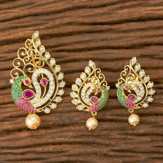 Cz Gold Peacock Pendant Set South Jewelry Necklace - South Indian Gold Pendant Sets Cz Gold Peacock Pendant Set South Jewelry Necklace - South Indian Gold Pendant Sets