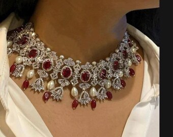 Erika Ruby CZ Choker mit Perlen Ruby CZ Choker Halskette Indian American Diamond Choker