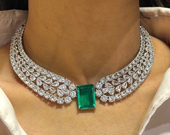 Christie Emerald Diamond Necklace | CZ Necklace | American Diamond Necklace | Statement Jewelry | Statement Necklace | Indian Necklace
