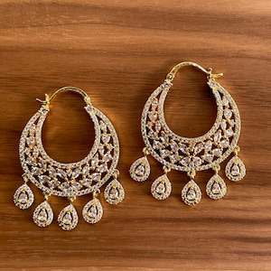 Gold Diamond Chaandbalis/ CZ Chaandbali/ Zirconia Earrings/ Indian Earrings/ Pakistani Jewelry / Bollywood Jewelry/ Sabyasachi
