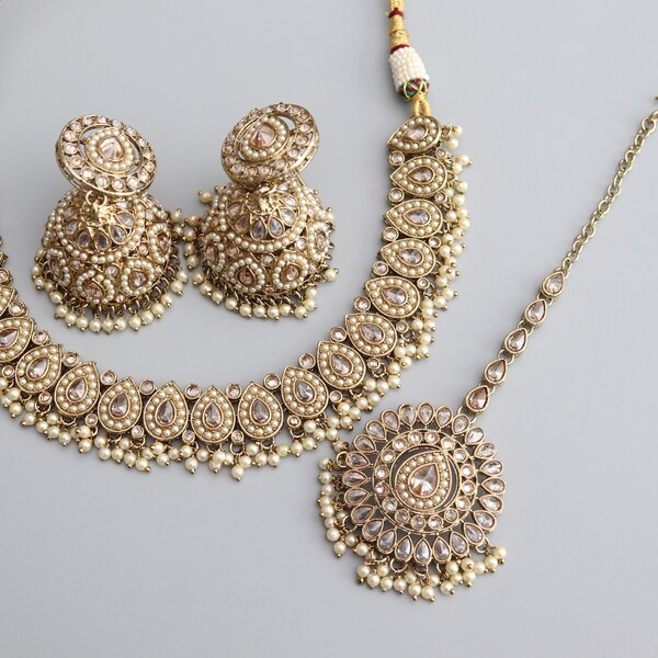 Simi Gold Polki Necklace Kundan Necklace  Punjabi Jewelry  Indian Jewelry Indian Necklace Indian Choker Set Pakistani Jewelry