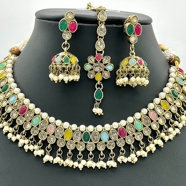 Zoe Navratan Polki Necklace with Jhumkey and tikka / Antique Gold Necklace with Tikka/ Indian Jewelry/ Bollywood Jewelry/ Pakistani Jewelry