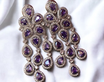 Ava Silver Purple CZ Boucles d'oreilles en diamant Boucles d'oreilles indiennes Bijoux indiens Boucles d'oreilles diamant américaines Bijoux pakistanais Bijoux Bollywood