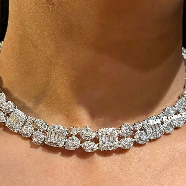 Pre Order White Gold Baguette CZ Diamond Necklace with earrings Statement Necklace Statement Jewelry Wedding Jewelry American Diamond