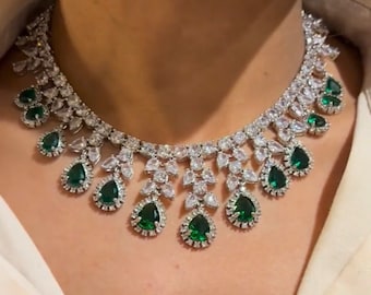 May Emerald Diamond Necklace Statement Jewelry Statement Necklace Indian Jewelry CZ Necklace Emerald CZ Necklace American Diamond