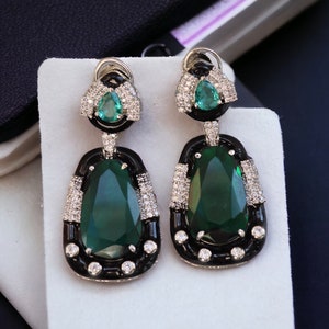 Emerald Enamel Earrings • Statement Jewelry • Indian Jewelry • Indian Earrings • American Diamond Earrings • Green Earrings