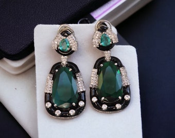 Emerald Enamel Earrings • Statement Jewelry • Indian Jewelry • Indian Earrings • American Diamond Earrings • Green Earrings