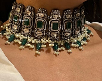 Emerald Victorian Kundan Choker Victorian Choker Indian Necklace Set Pakistani Jewelry Indian Choker Bollywood Jewelry Punjabi Jewelry