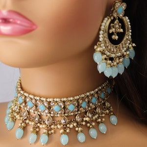Ziva Turquoise Blue Polki Choker Set With Earrings Indian Jewelry Punjabi Jewelry Pakistani jewelry Indian necklace Pakistani Choker Punjabi