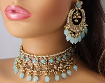 Ziva turquoise blauwe polki choker set met oorbellen Indiase sieraden Punjabi sieraden Pakistaanse sieraden Indiase ketting Pakistaanse choker Punjabi